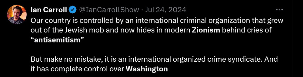 Ian Carroll Tweet - Holocaust Zionist control Washington