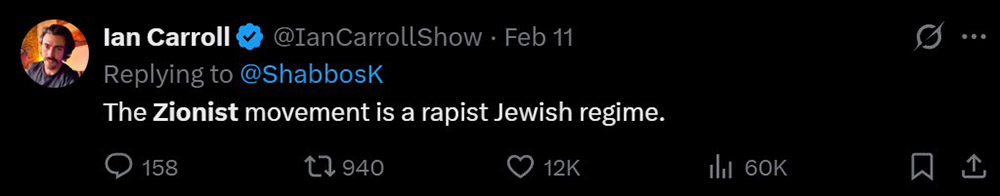 Ian Carroll Tweet Zionists are rapists