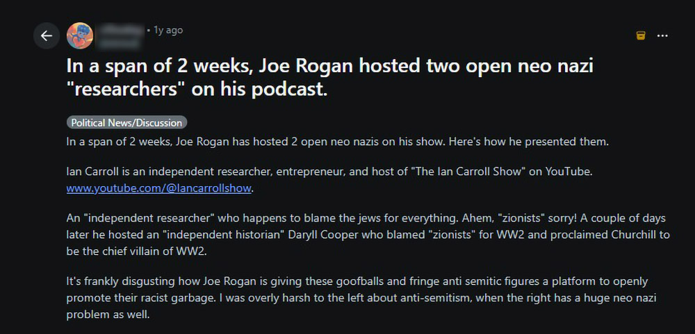Reddit complaining about Joe Rogan platforming Ian Carroll